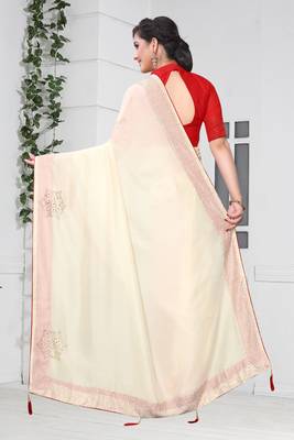 Off White Siroski Stone Border Two Tone Silk Party Wear Saree With Blouse Piece 3