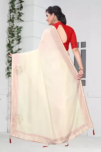 Off White Siroski Stone Border Two Tone Silk Party Wear Saree With Blouse Piece
