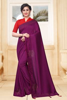 Purple Siroski Stone Border Two Tone Silk Party Wear Saree With Blouse Piece 1