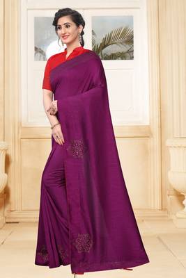 Purple Siroski Stone Border Two Tone Silk Party Wear Saree With Blouse Piece 2