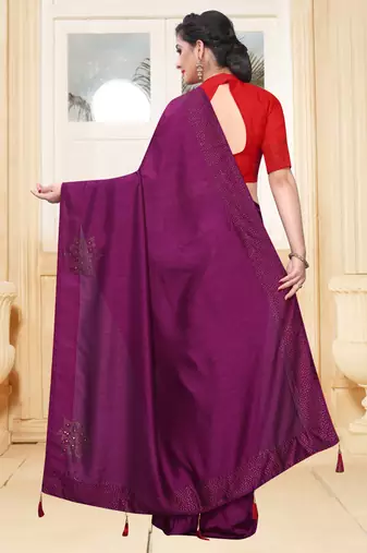 Purple Siroski Stone Border Two Tone Silk Party Wear Saree With Blouse Piece