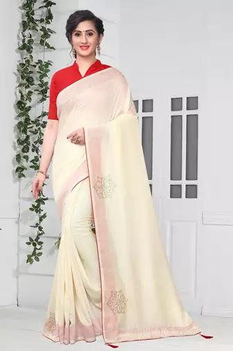 Off White Siroski Stone Border Two Tone Silk Party Wear Saree With Blouse Piece