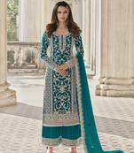 Turquoise color net embroidered stright salwar kameez