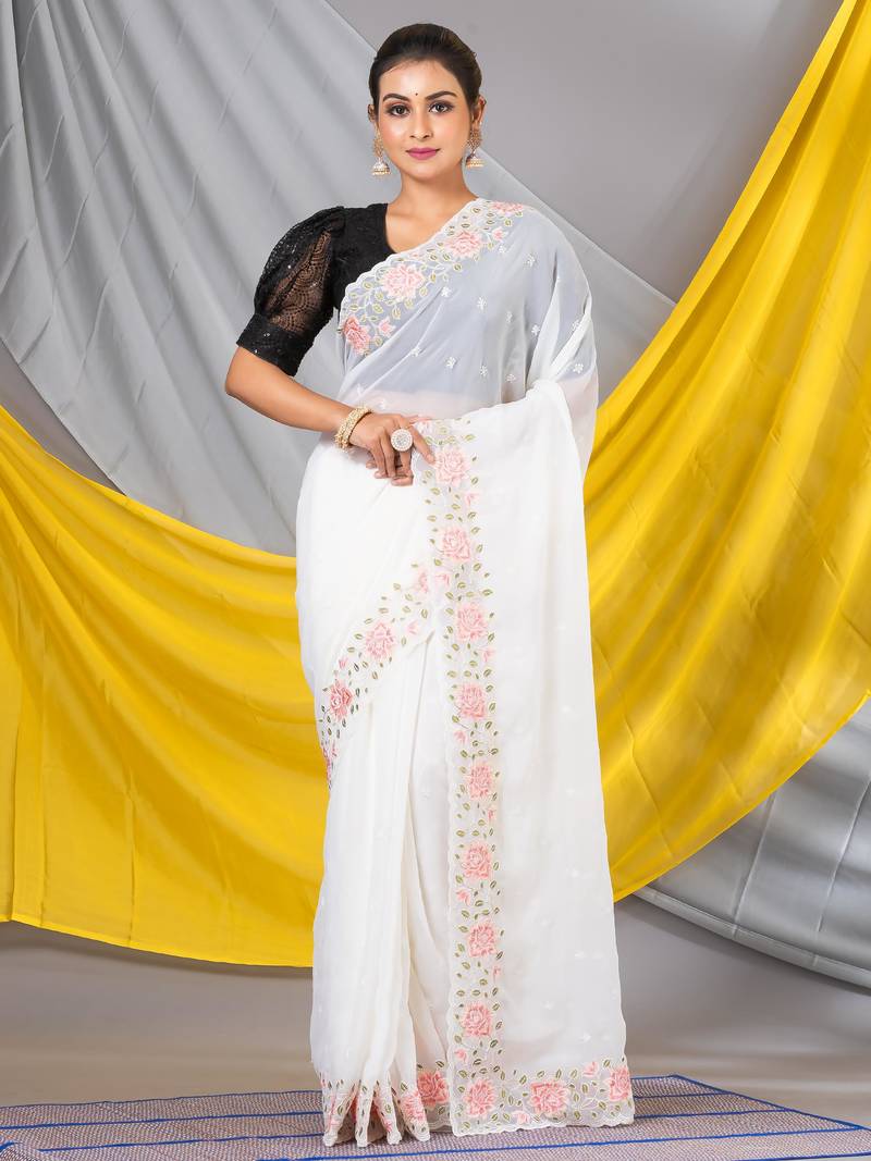 MAHALASA Off White Border Designer Chiffon Saree  With Unstitched Blouse
