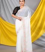MAHALASA Off White Border Designer Chiffon Saree  With Unstitched Blouse