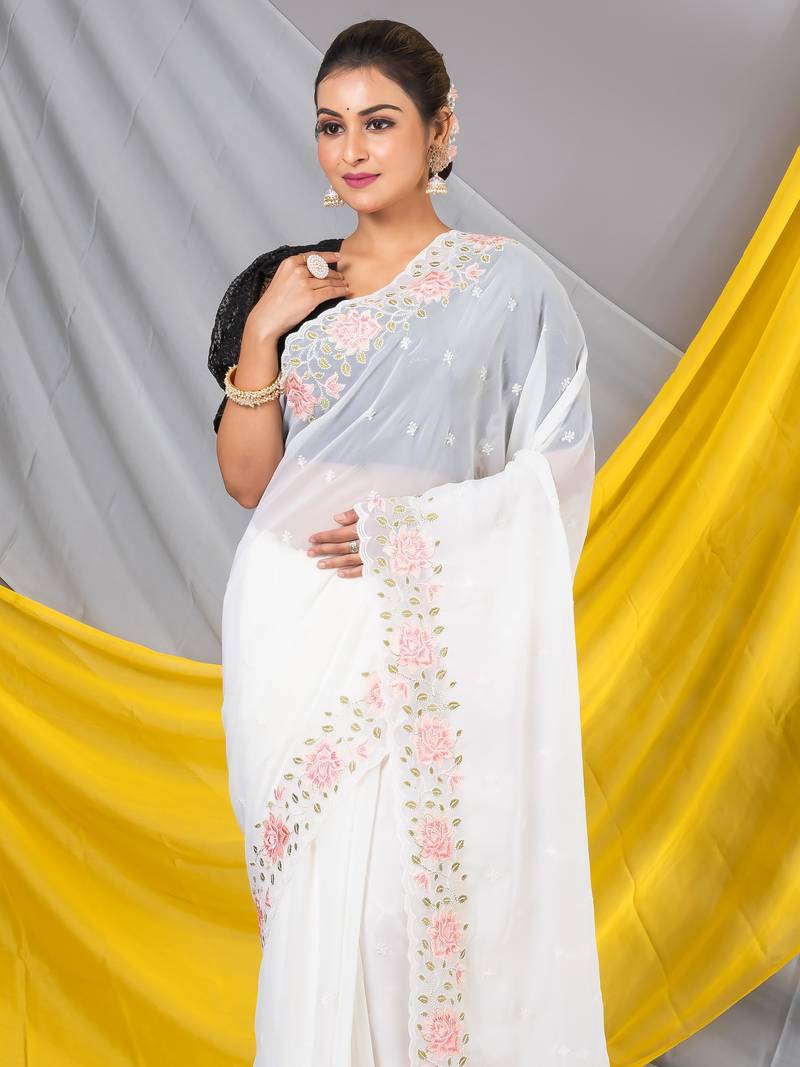 MAHALASA Off White Border Designer Chiffon Saree  With Unstitched Blouse