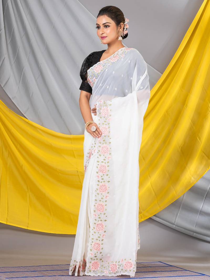 MAHALASA Off White Border Designer Chiffon Saree  With Unstitched Blouse
