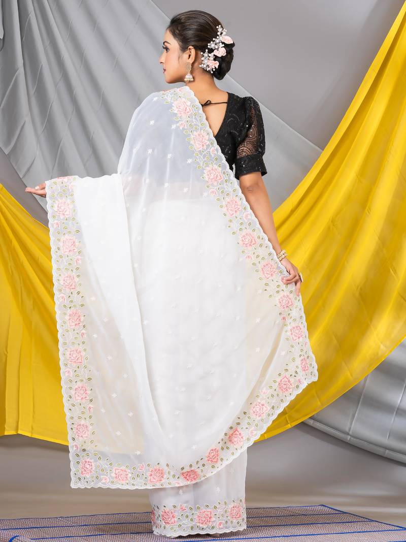 MAHALASA Off White Border Designer Chiffon Saree  With Unstitched Blouse