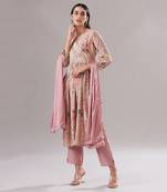 Dusky pink hand embroidered printed anarkali suit set