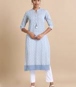 Steel blue 3/4th sleeves cotton abstract print, mirror work regular fit calf length kurta