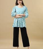 Sky 3/4th sleeves cotton block print regular fit hip length tunic