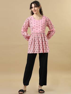 Pink 3/4th sleeves cotton block print regular fit hip length tunic 1
