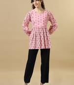 Pink 3/4th sleeves cotton block print regular fit hip length tunic