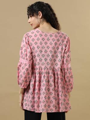 Pink 3/4th sleeves cotton block print regular fit hip length tunic 2