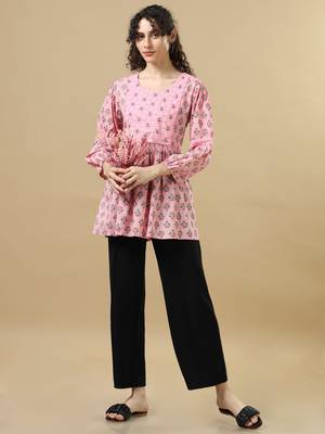Pink 3/4th sleeves cotton block print regular fit hip length tunic 4