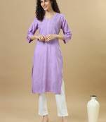 Purple 3/4th sleeves chanderi chikankari regular fit calf length kurta