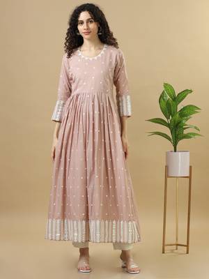 Light brown 3/4th sleeves cotton mirror work regular fit ankle length kurta 1