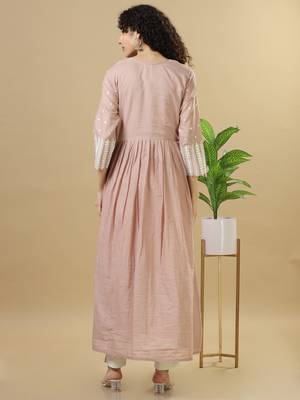 Light brown 3/4th sleeves cotton mirror work regular fit ankle length kurta 2