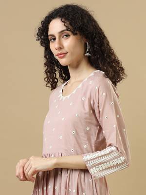 Light brown 3/4th sleeves cotton mirror work regular fit ankle length kurta 4