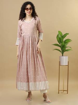 Light brown 3/4th sleeves cotton mirror work regular fit ankle length kurta 5