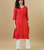 Red full sleeves chanderi chikankari regular fit calf length kurta