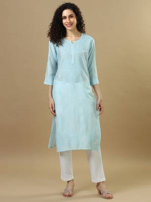 Blue powder full sleeves chanderi chikankari regular fit calf length kurta 1