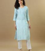 Blue powder full sleeves chanderi chikankari regular fit calf length kurta