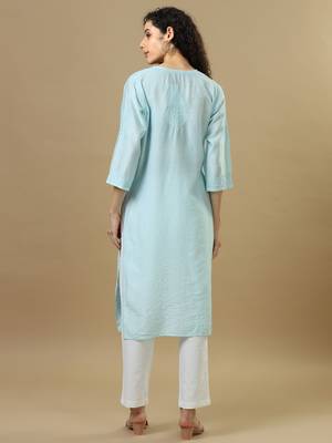 Blue powder full sleeves chanderi chikankari regular fit calf length kurta 2