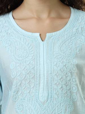 Blue powder full sleeves chanderi chikankari regular fit calf length kurta 3
