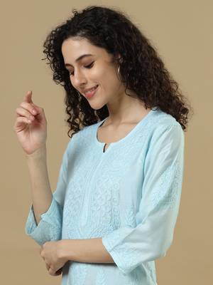 Blue powder full sleeves chanderi chikankari regular fit calf length kurta 4