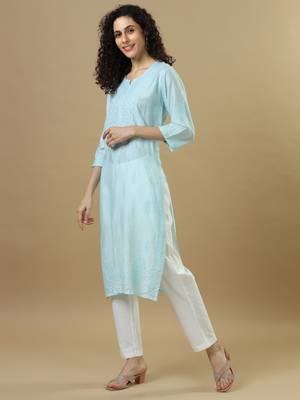 Blue powder full sleeves chanderi chikankari regular fit calf length kurta 5