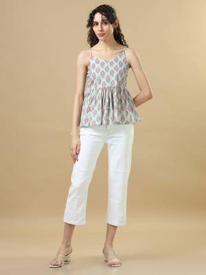 Aqua sleeveless cotton block print regular fit hip length kurta 1