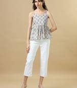 Aqua sleeveless cotton block print regular fit hip length kurta