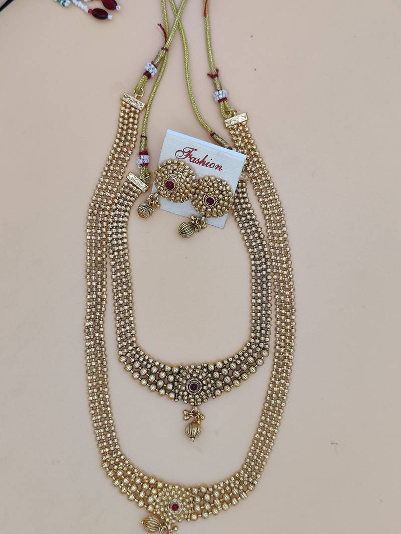 Gold Plated Traditional South Indian Stylish Multicolour Stone Work Long Necklace With Earrings For Women