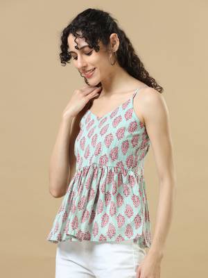 Aqua sleeveless cotton block print regular fit hip length kurta 4