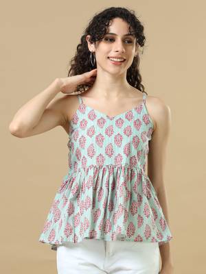 Aqua sleeveless cotton block print regular fit hip length kurta 5