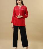 Red full sleeves rayon machine work regular fit hip length kurta