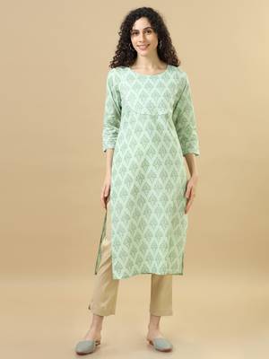 Light green 3/4th sleeves cotton block print regular fit calf length kurta 1