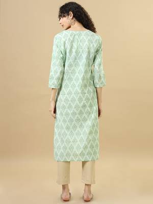 Light green 3/4th sleeves cotton block print regular fit calf length kurta 2