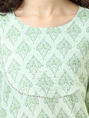 Light green 3/4th sleeves cotton block print regular fit calf length kurta 3