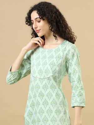 Light green 3/4th sleeves cotton block print regular fit calf length kurta 4
