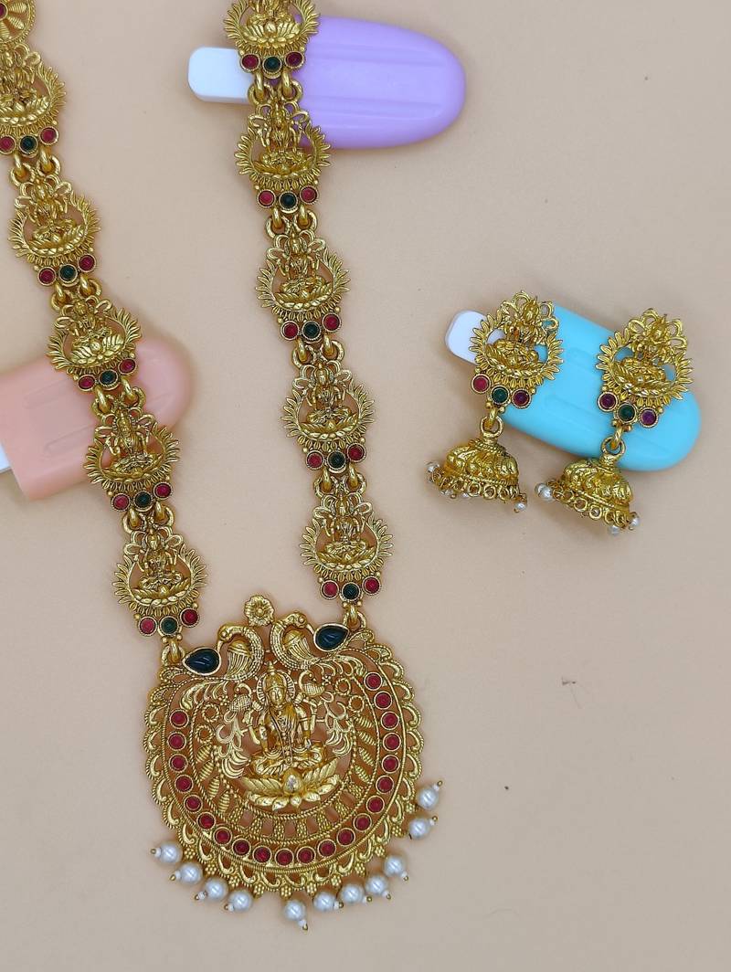 	Gold Plated Wedding Jewellery Pearl Long Haram Necklace Set For Women