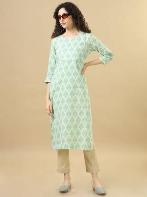 Light green 3/4th sleeves cotton block print regular fit calf length kurta 5