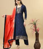 Navy full sleeves chanderi silk regular fit calf length straight kurta set - with dupatta
