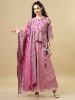 Onion pink 3/4th sleeves cotton chanderi regular fit hip length asymmetrical kurta set - with dupatta 1
