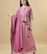 Onion pink 3/4th sleeves cotton chanderi regular fit hip length asymmetrical kurta set - with dupatta