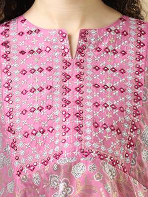 Onion pink 3/4th sleeves cotton chanderi regular fit hip length asymmetrical kurta set - with dupatta 3