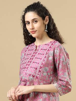 Onion pink 3/4th sleeves cotton chanderi regular fit hip length asymmetrical kurta set - with dupatta 4