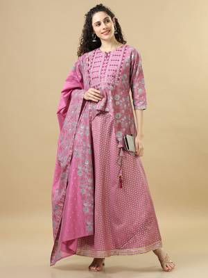 Onion pink 3/4th sleeves cotton chanderi regular fit hip length asymmetrical kurta set - with dupatta 5