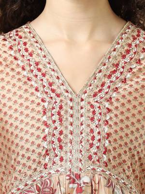 Maroon 3/4th sleeves chanderi loose fit ankle length flared kurta set - with dupatta, no bottom 3